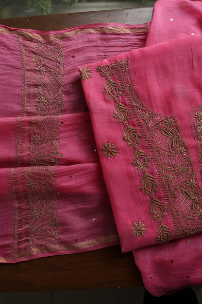 Persian Pink & Beige Shade Mal Cotton Chikankari Unstitched Kurta Dupatta Fabric With Kamdani