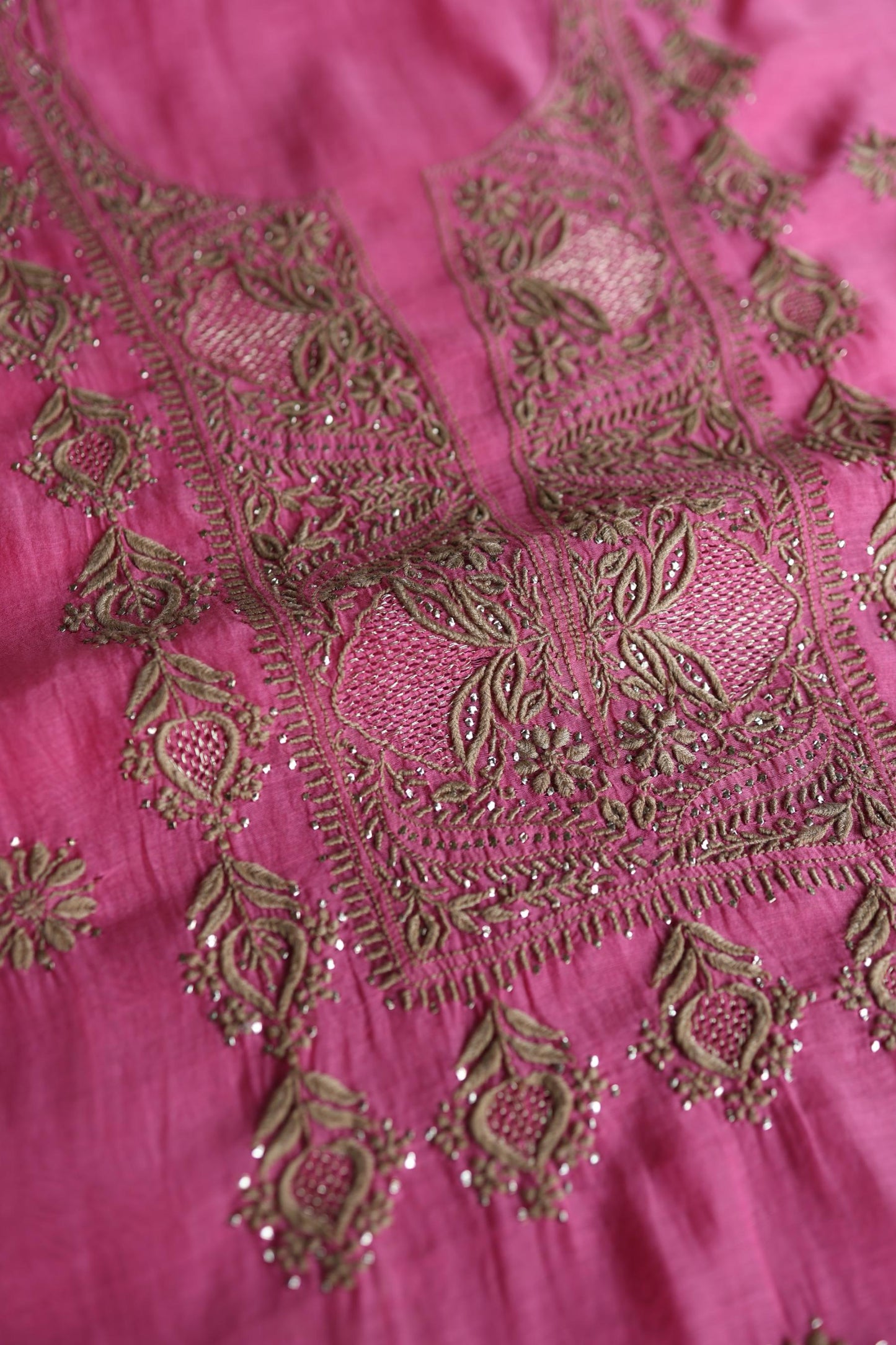Persian Pink & Beige Shade Mal Cotton Chikankari Unstitched Kurta Dupatta Fabric With Kamdani