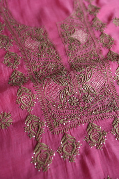 Persian Pink & Beige Shade Mal Cotton Chikankari Unstitched Kurta Dupatta Fabric With Kamdani