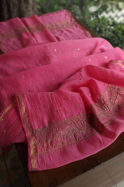 Persian Pink & Beige Shade Mal Cotton Chikankari Unstitched Kurta Dupatta Fabric With Kamdani