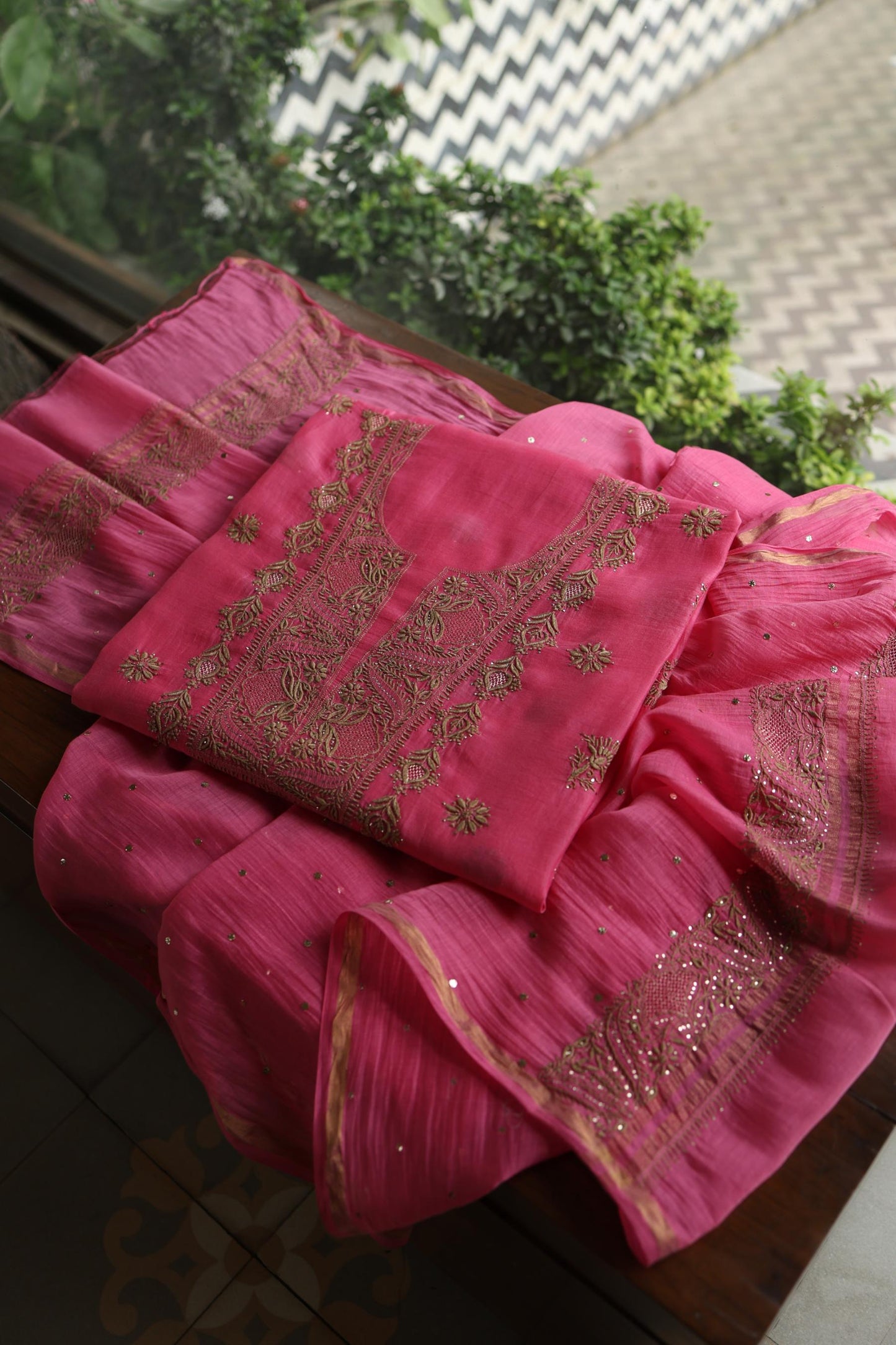 Persian Pink & Beige Shade Mal Cotton Chikankari Unstitched Kurta Dupatta Fabric With Kamdani