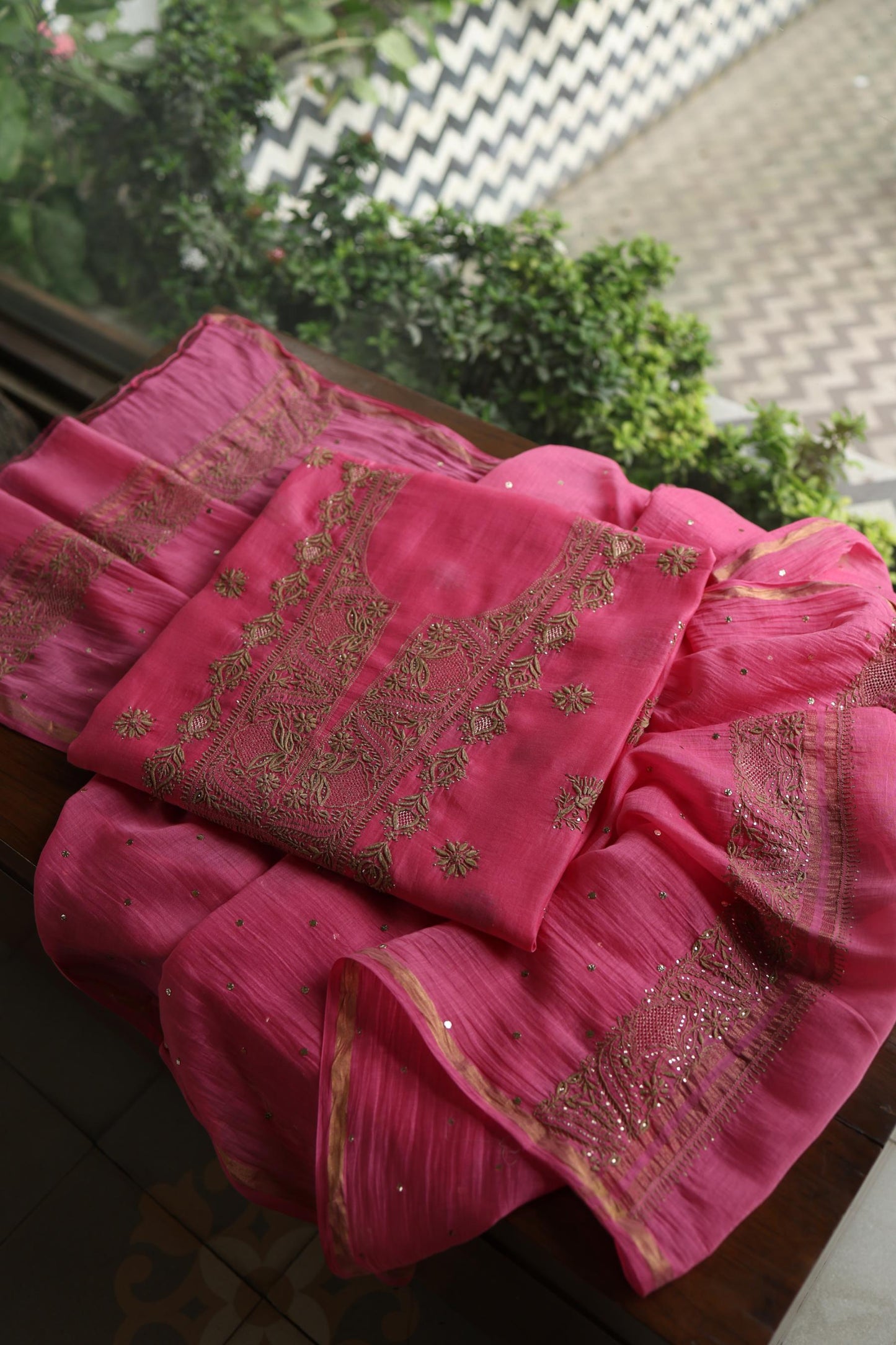 Persian Pink & Beige Shade Mal Cotton Chikankari Unstitched Kurta Dupatta Fabric With Kamdani