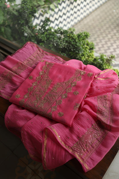 Persian Pink & Beige Shade Mal Cotton Chikankari Unstitched Kurta Dupatta Fabric With Kamdani