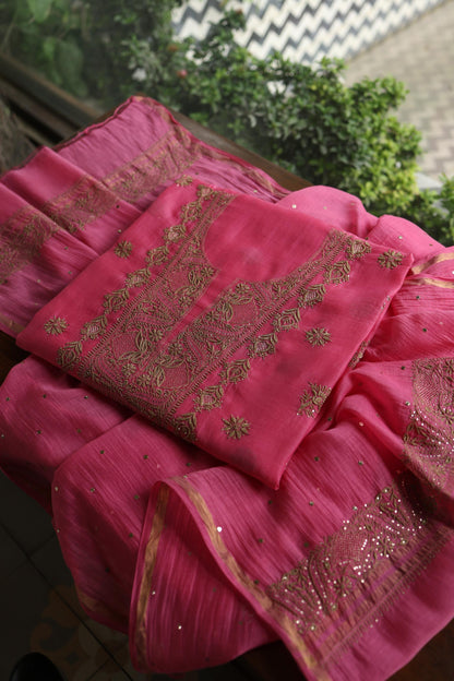 Persian Pink & Beige Shade Mal Cotton Chikankari Unstitched Kurta Dupatta Fabric With Kamdani
