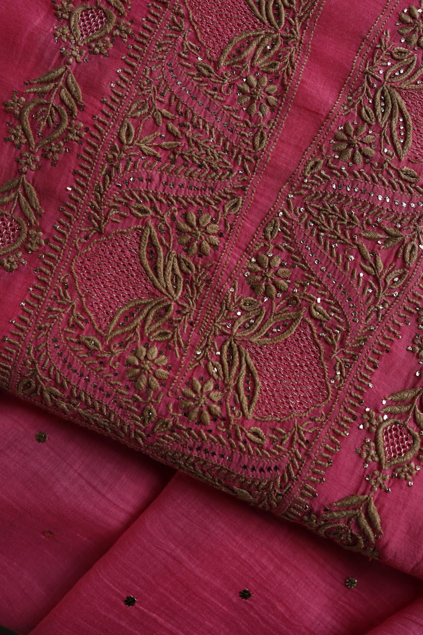 Persian Pink & Beige Shade Mal Cotton Chikankari Unstitched Kurta Dupatta Fabric With Kamdani