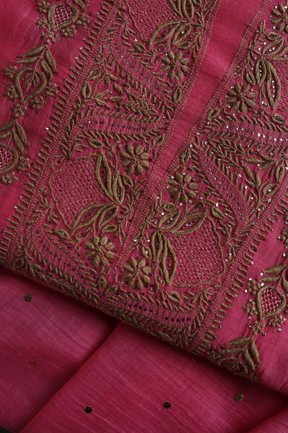 Persian Pink & Beige Shade Mal Cotton Chikankari Unstitched Kurta Dupatta Fabric With Kamdani
