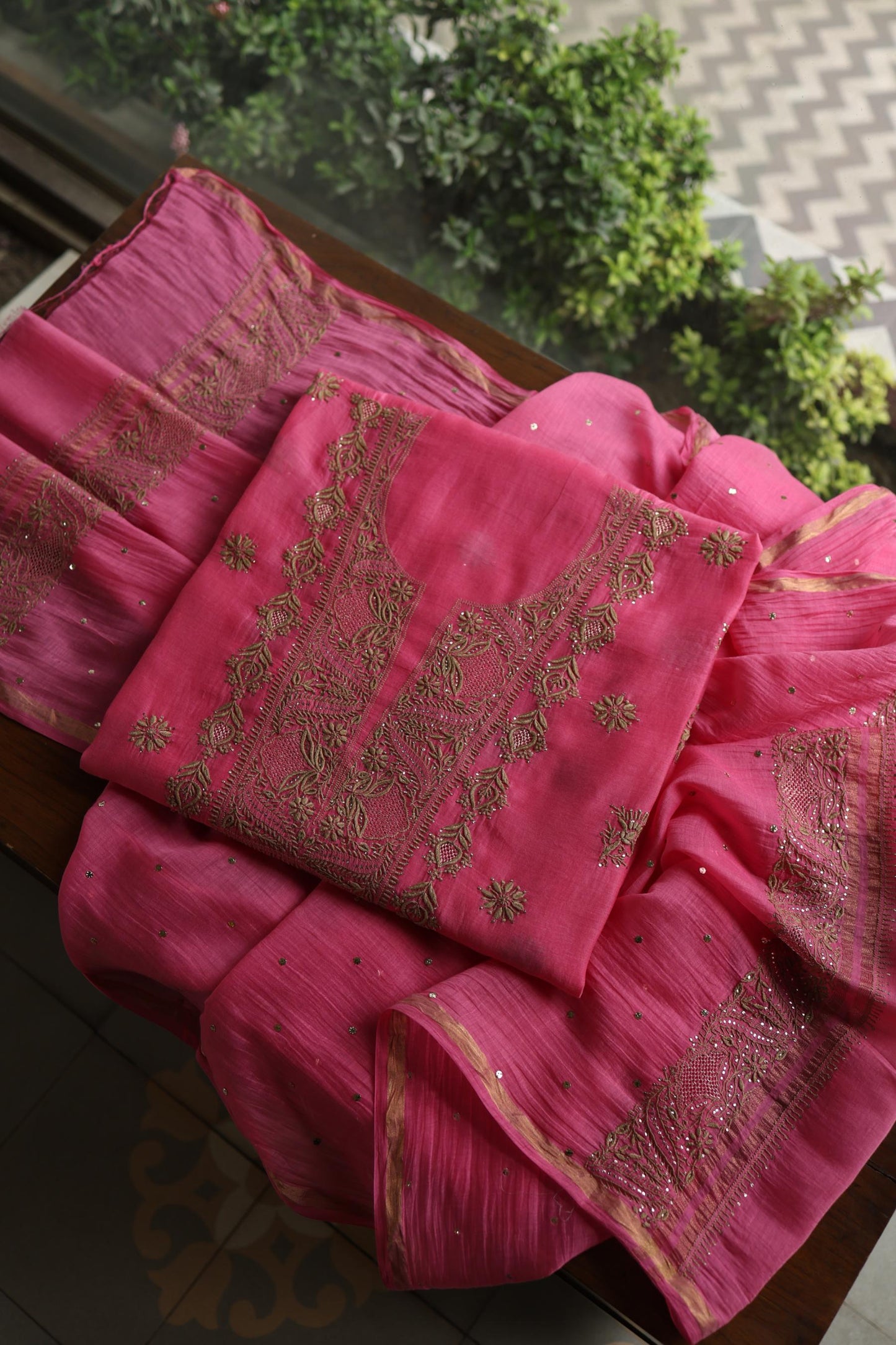 Persian Pink & Beige Shade Mal Cotton Chikankari Unstitched Kurta Dupatta Fabric With Kamdani