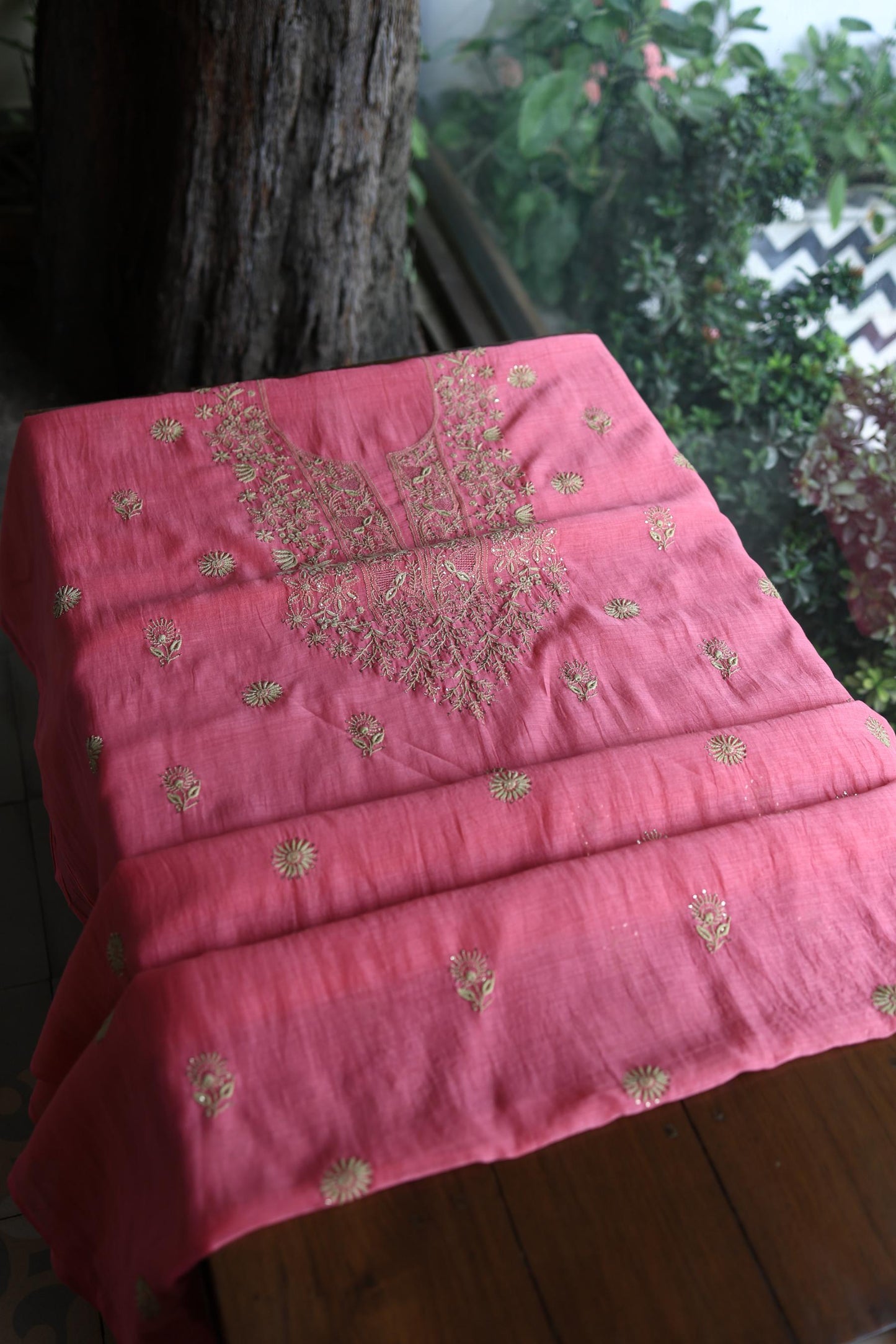 Persian Pink & Beige Shade Mal Cotton Chikankari Unstitched Kurta Dupatta Fabric With Kamdani