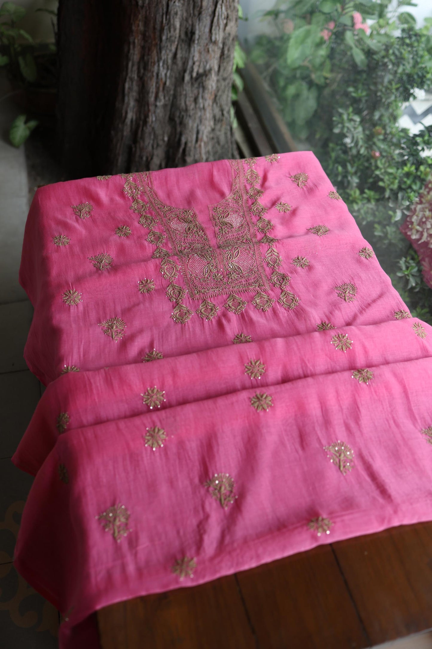 Persian Pink & Beige Shade Mal Cotton Chikankari Unstitched Kurta Dupatta Fabric With Kamdani