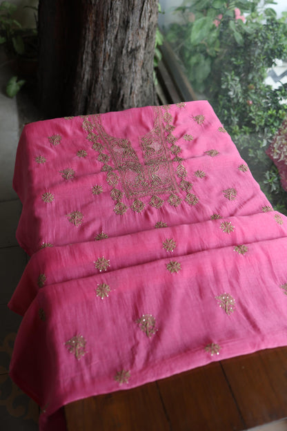 Persian Pink & Beige Shade Mal Cotton Chikankari Unstitched Kurta Dupatta Fabric With Kamdani