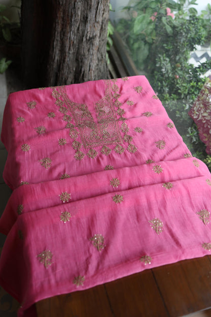 Persian Pink & Beige Shade Mal Cotton Chikankari Unstitched Kurta Dupatta Fabric With Kamdani
