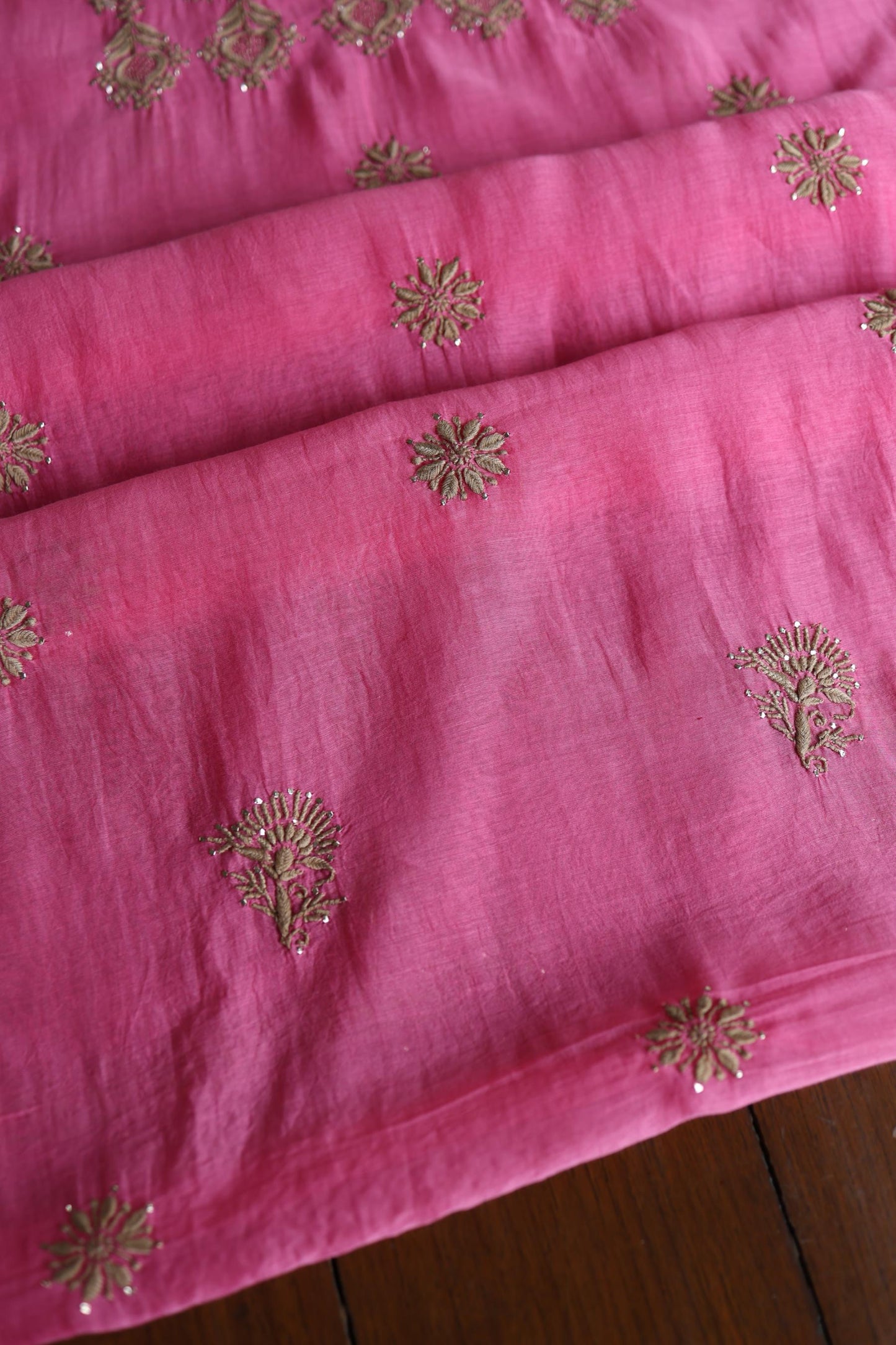 Persian Pink & Beige Shade Mal Cotton Chikankari Unstitched Kurta Dupatta Fabric With Kamdani