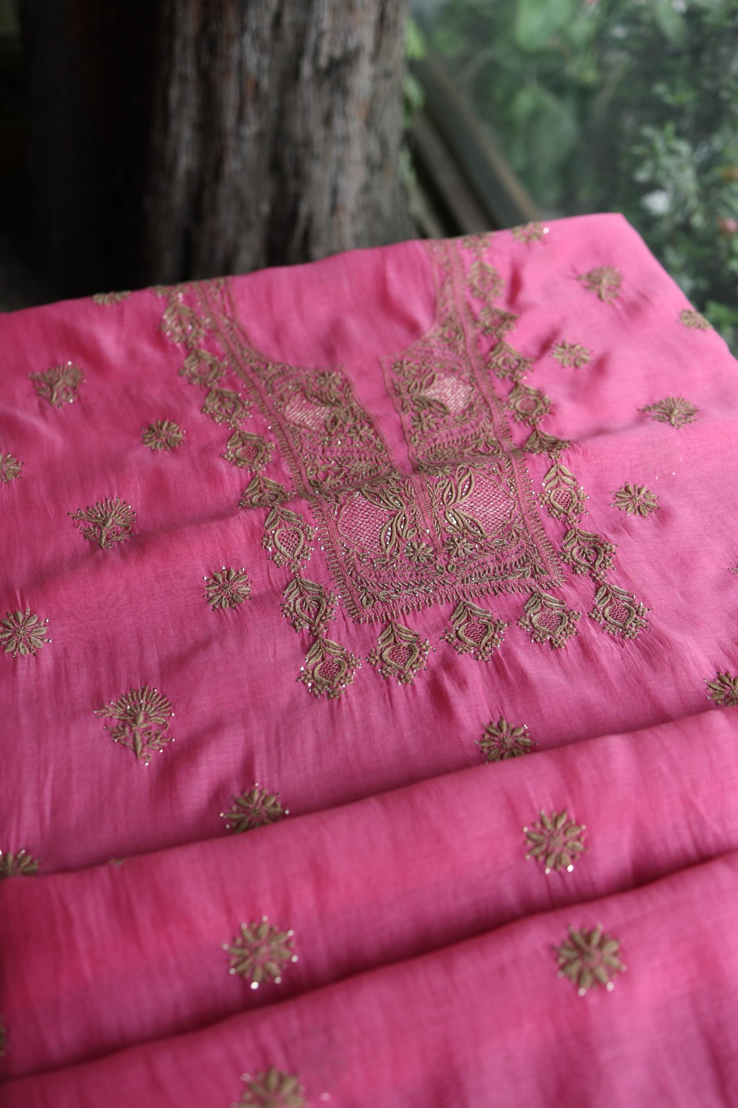 Persian Pink & Beige Shade Mal Cotton Chikankari Unstitched Kurta Dupatta Fabric With Kamdani