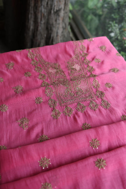 Persian Pink & Beige Shade Mal Cotton Chikankari Unstitched Kurta Dupatta Fabric With Kamdani