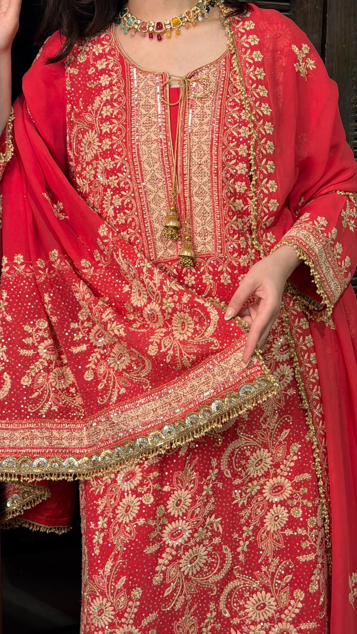 Persian Red Heavy Chikankari Aari Zardozi Sharara Set