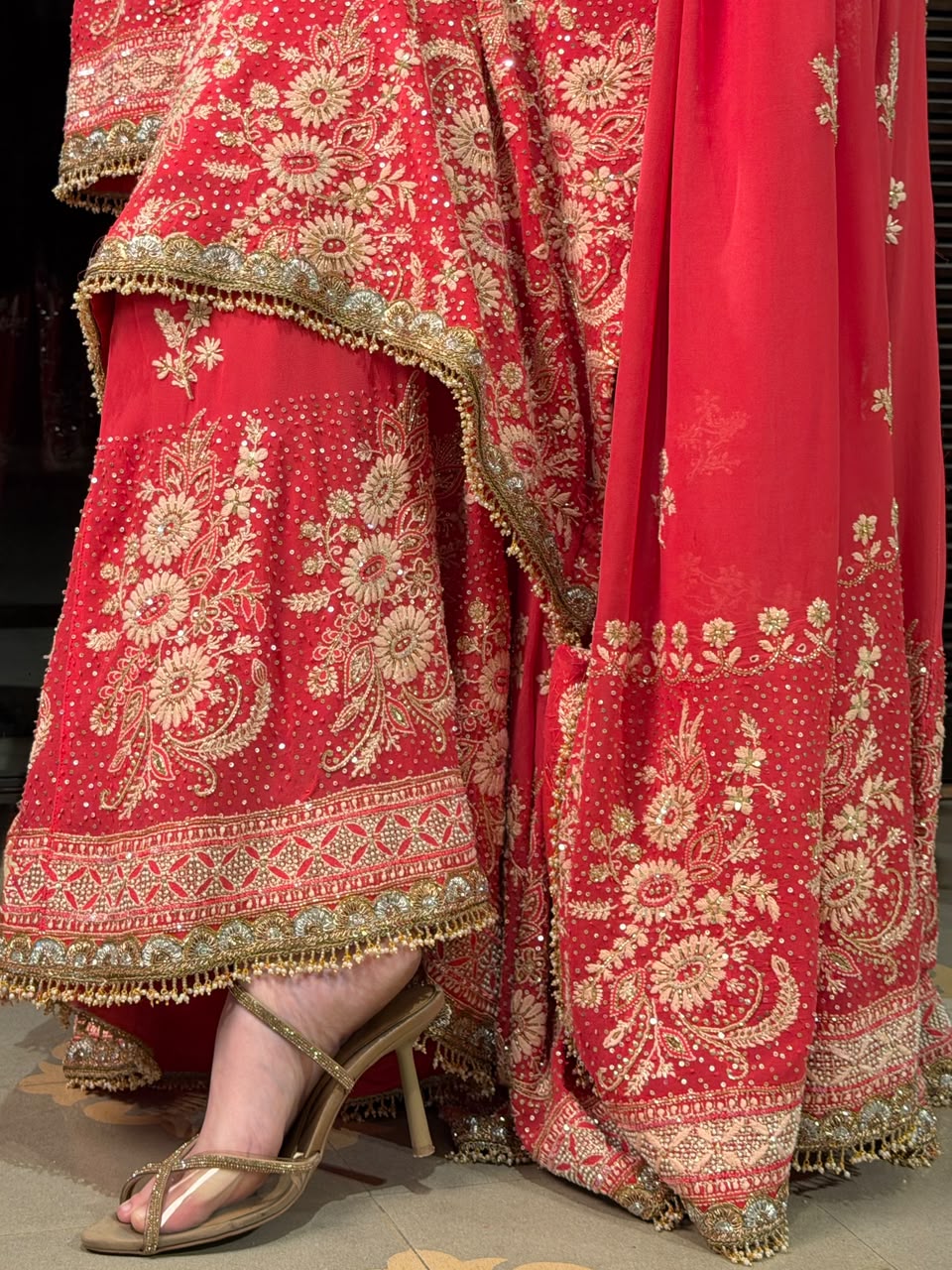 Persian Red Heavy Chikankari Aari Zardozi Sharara Set