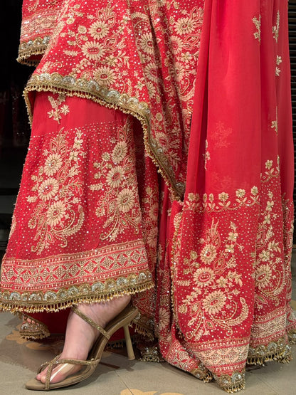 Persian Red Heavy Chikankari Aari Zardozi Sharara Set