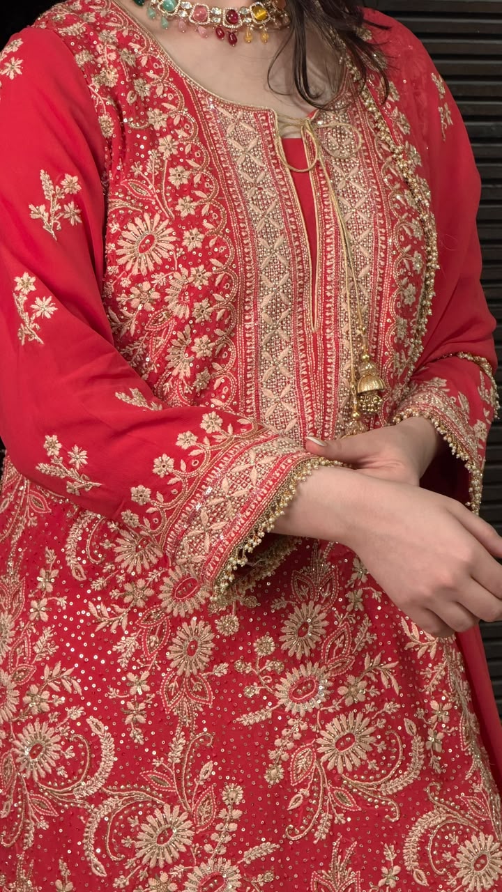 Persian Red Heavy Chikankari Aari Zardozi Sharara Set
