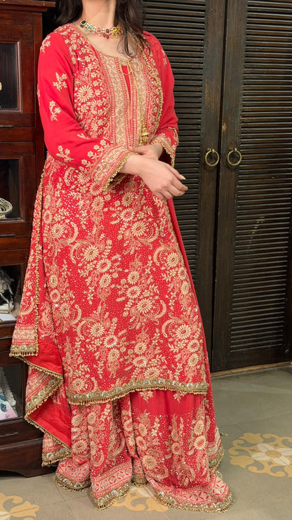 Persian Red Heavy Chikankari Aari Zardozi Sharara Set