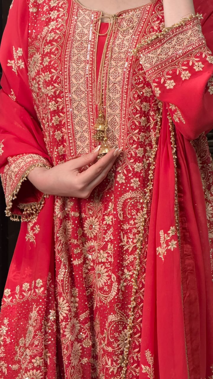 Persian Red Heavy Chikankari Aari Zardozi Sharara Set