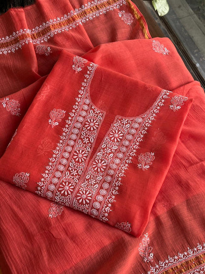 Persian Red Shade Mal Cotton Fine Chikankari Unstitched Fabric