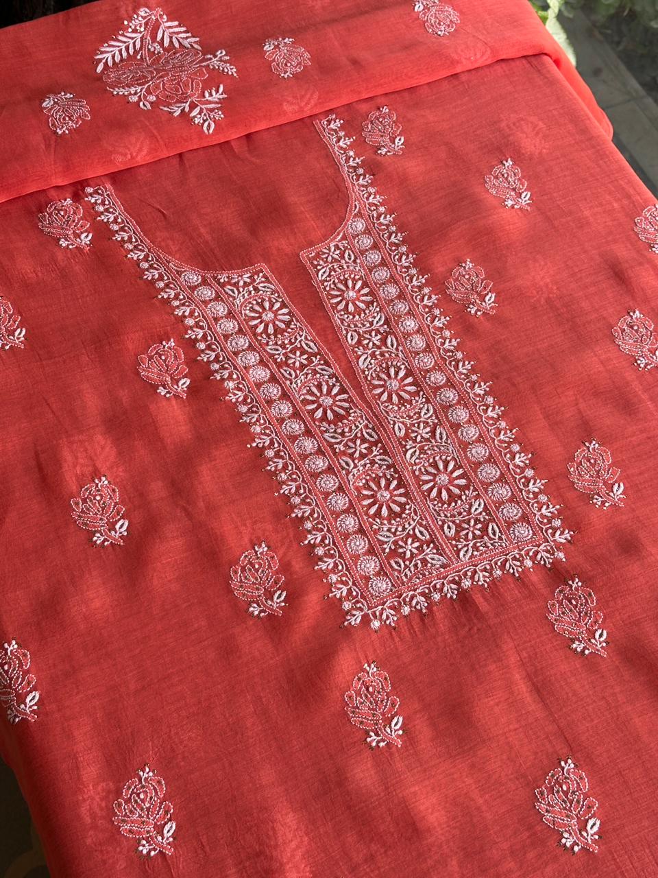 Persian Red Shade Mal Cotton Fine Chikankari Unstitched Fabric