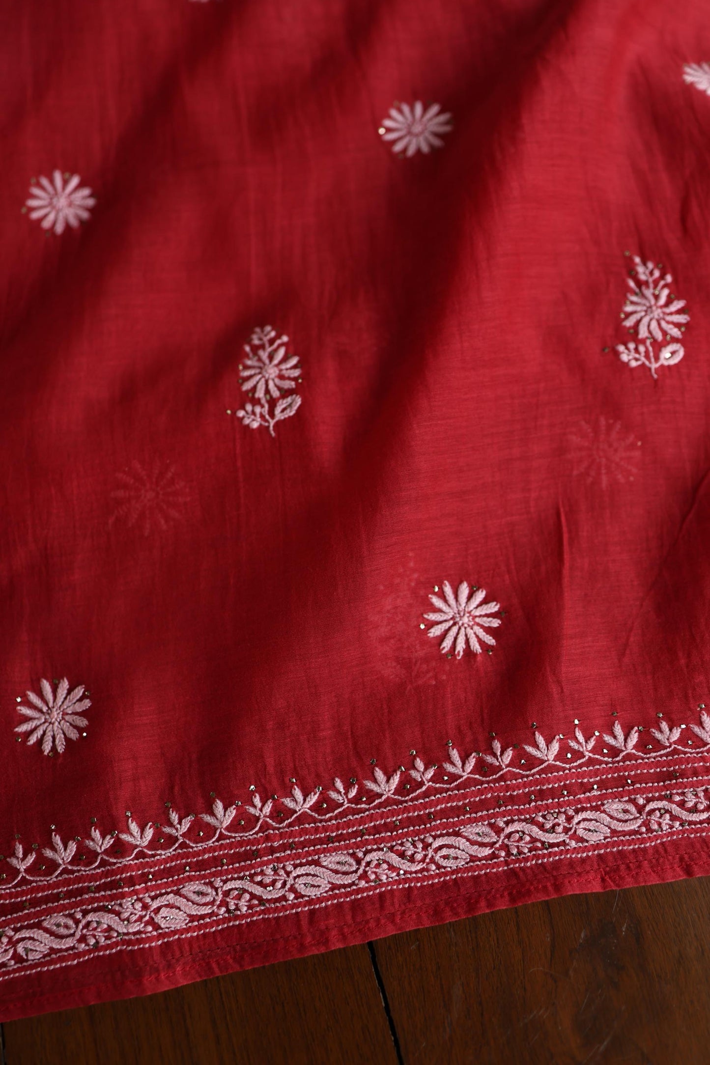 Persian Red Shade Mal Cotton Fine Chikankari Unstitched Fabric