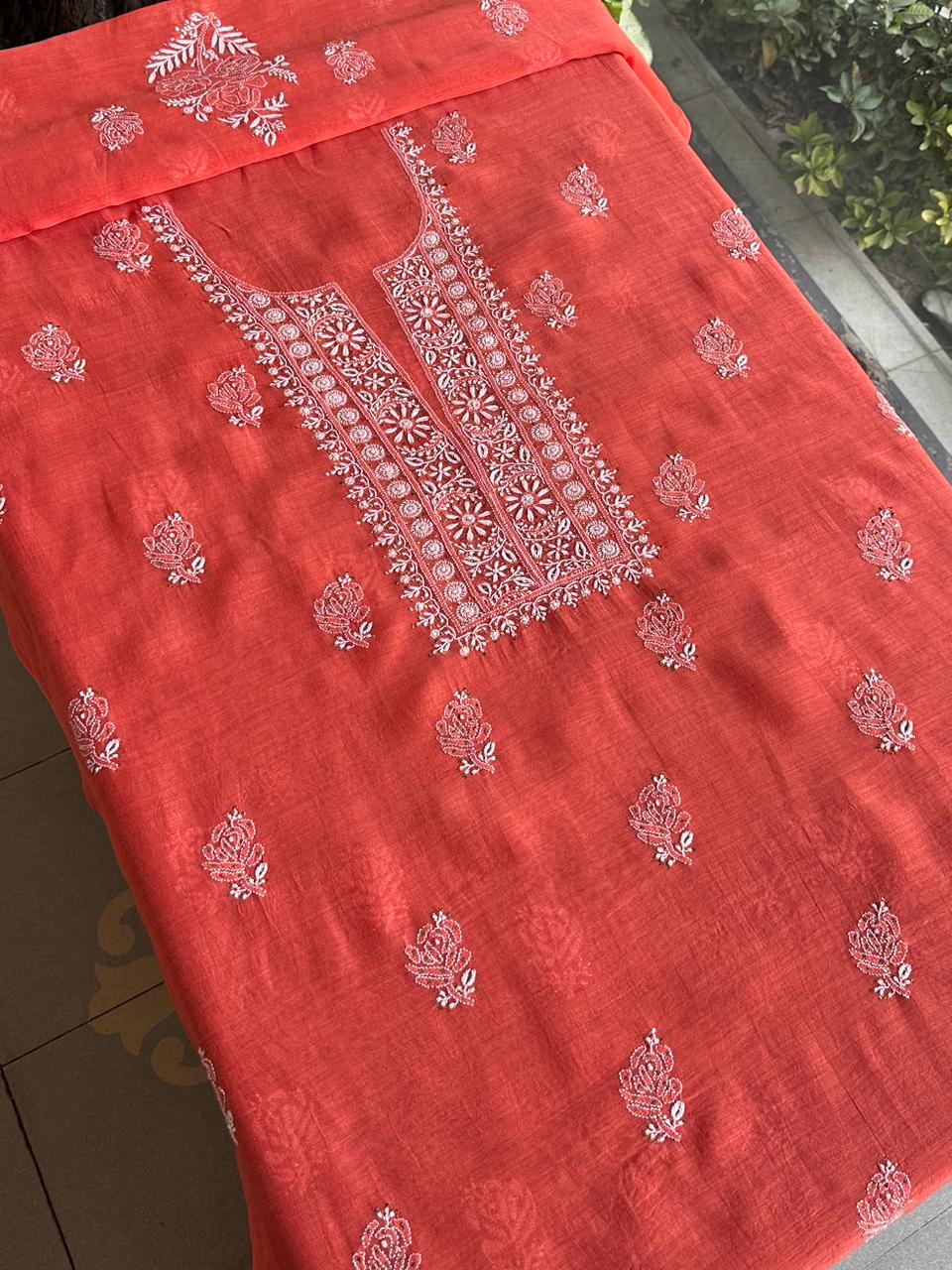 Persian Red Shade Mal Cotton Fine Chikankari Unstitched Fabric