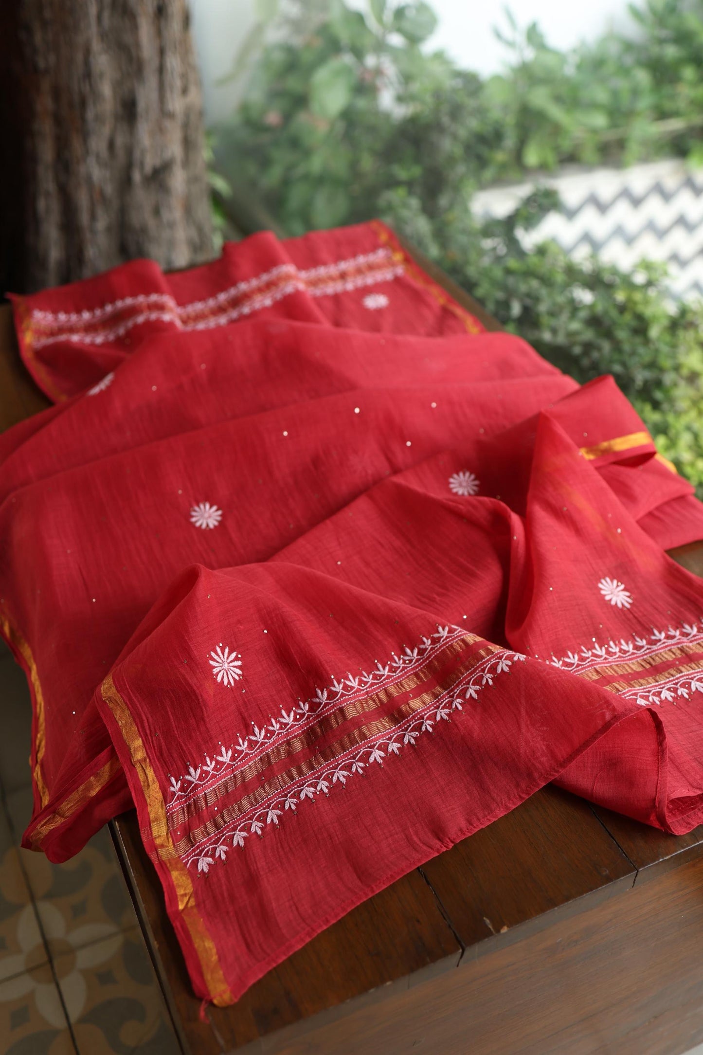Persian Red Shade Mal Cotton Fine Chikankari Unstitched Fabric