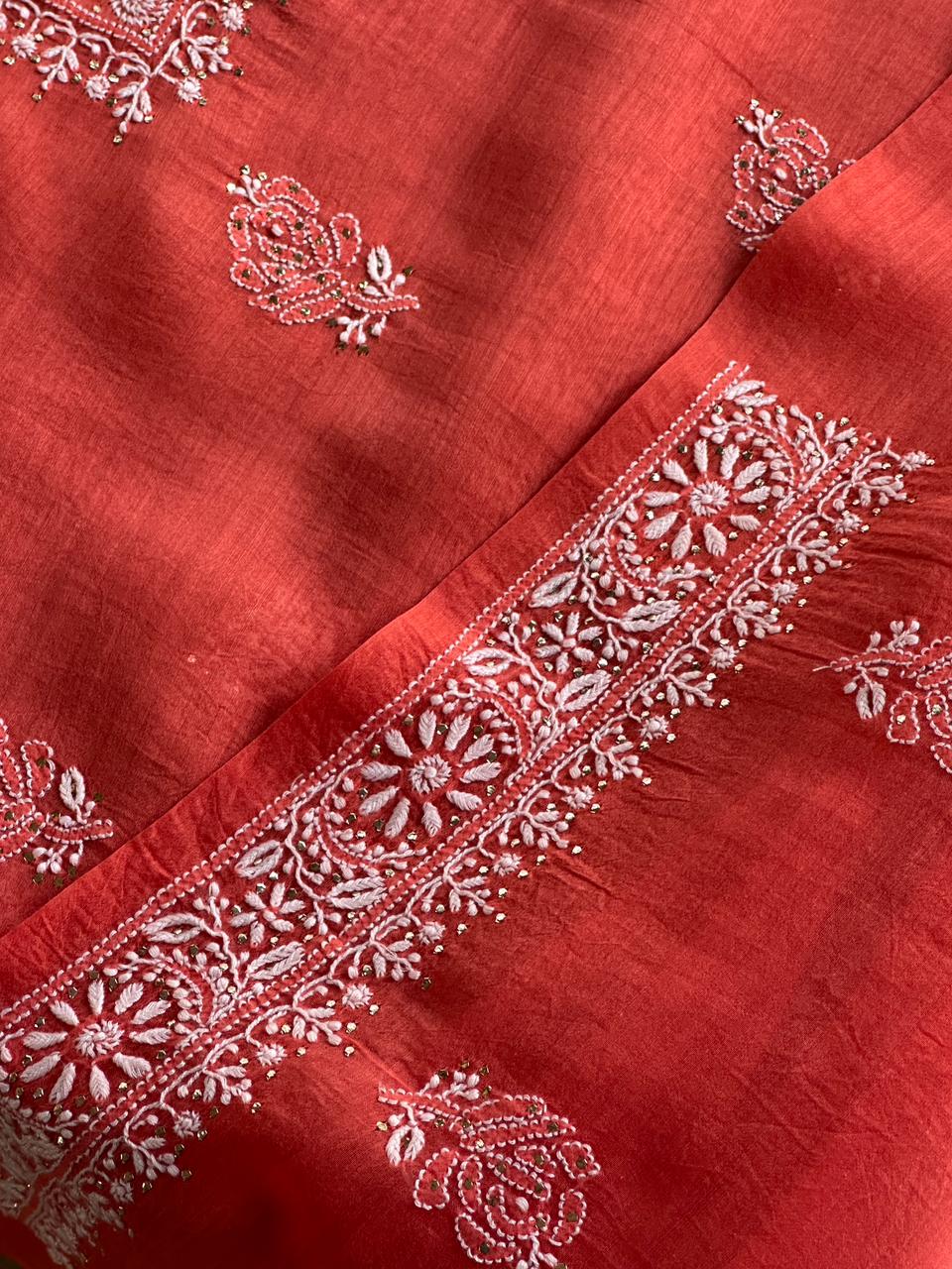 Persian Red Shade Mal Cotton Fine Chikankari Unstitched Fabric