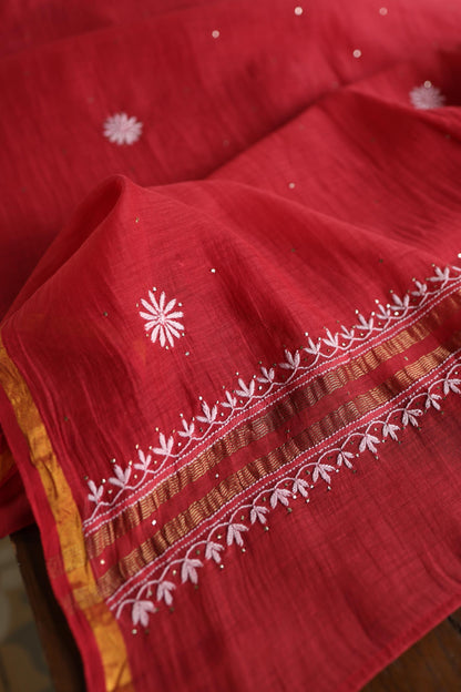 Persian Red Shade Mal Cotton Fine Chikankari Unstitched Fabric