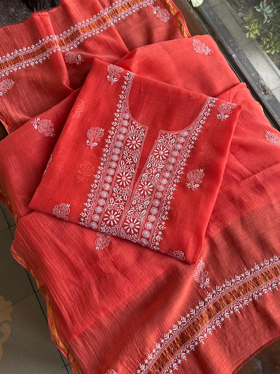 Persian Red Shade Mal Cotton Fine Chikankari Unstitched Fabric