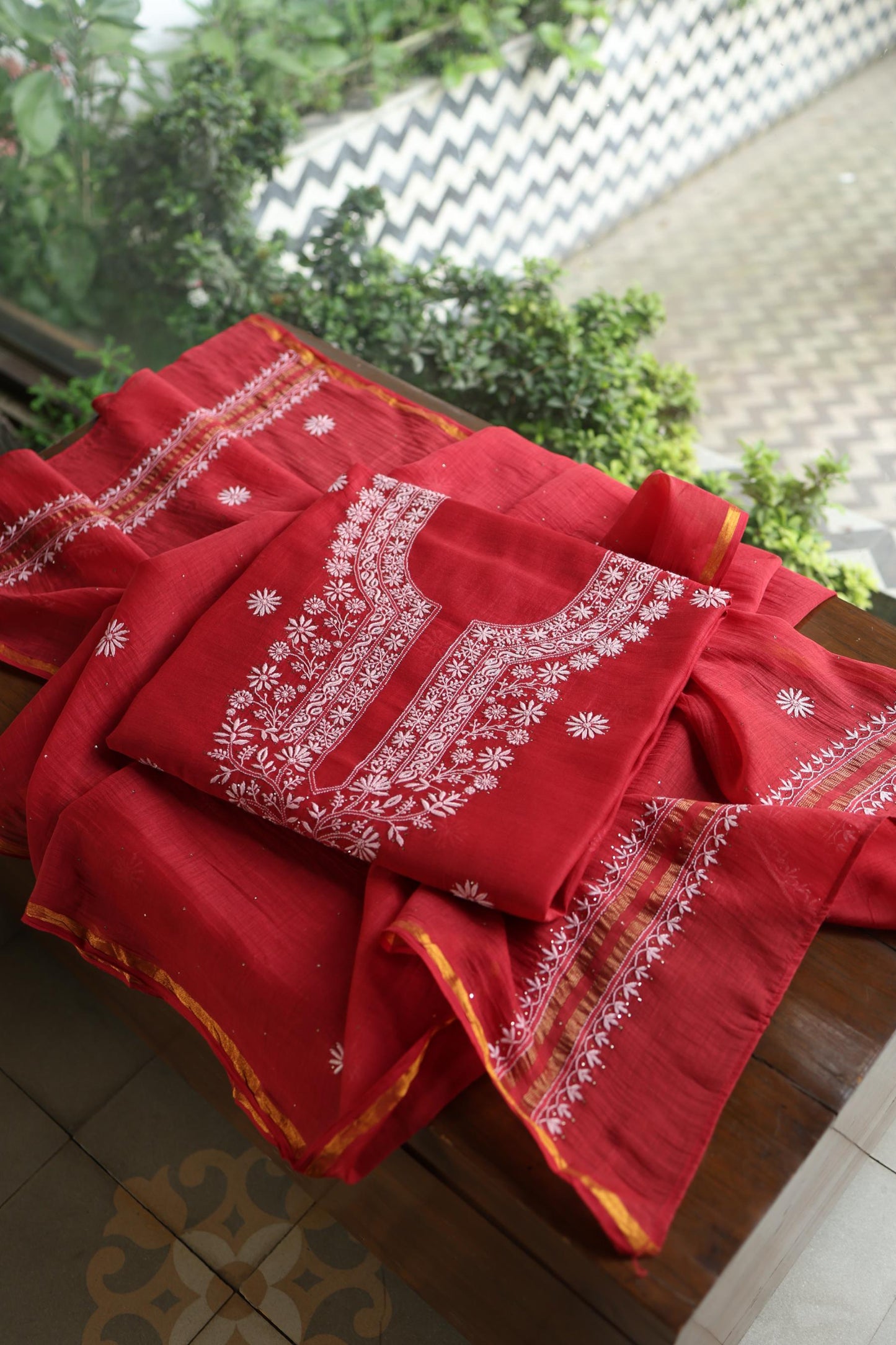Persian Red Shade Mal Cotton Fine Chikankari Unstitched Fabric