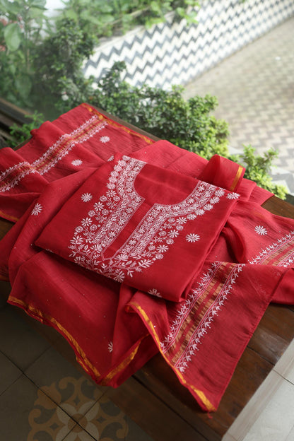 Persian Red Shade Mal Cotton Fine Chikankari Unstitched Fabric