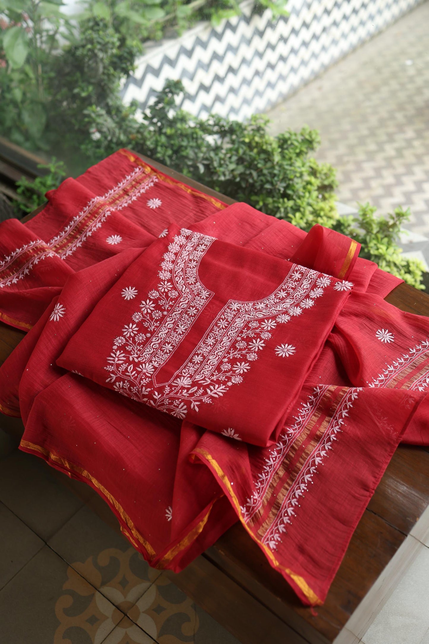 Persian Red Shade Mal Cotton Fine Chikankari Unstitched Fabric