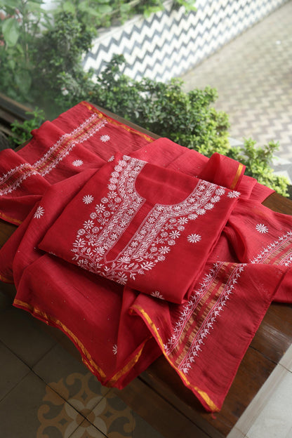 Persian Red Shade Mal Cotton Fine Chikankari Unstitched Fabric
