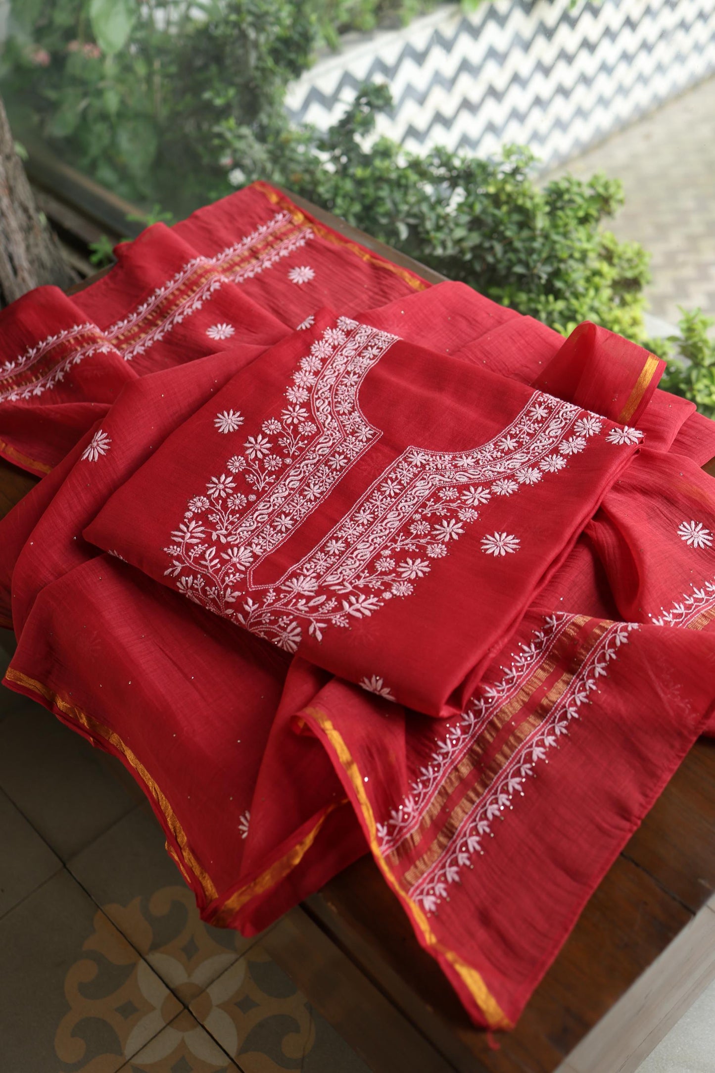 Persian Red Shade Mal Cotton Fine Chikankari Unstitched Fabric