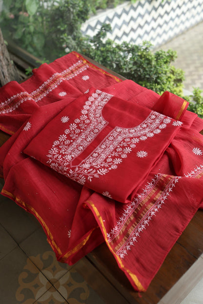 Persian Red Shade Mal Cotton Fine Chikankari Unstitched Fabric