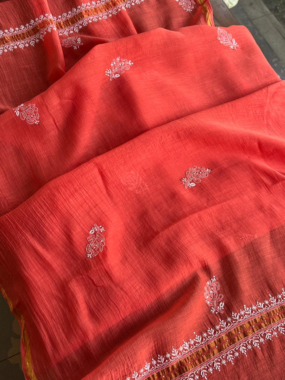 Persian Red Shade Mal Cotton Fine Chikankari Unstitched Fabric