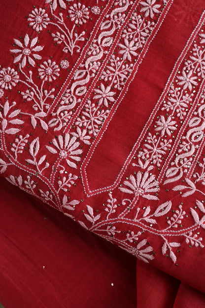 Persian Red Shade Mal Cotton Fine Chikankari Unstitched Fabric