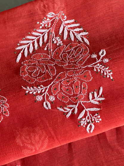 Persian Red Shade Mal Cotton Fine Chikankari Unstitched Fabric