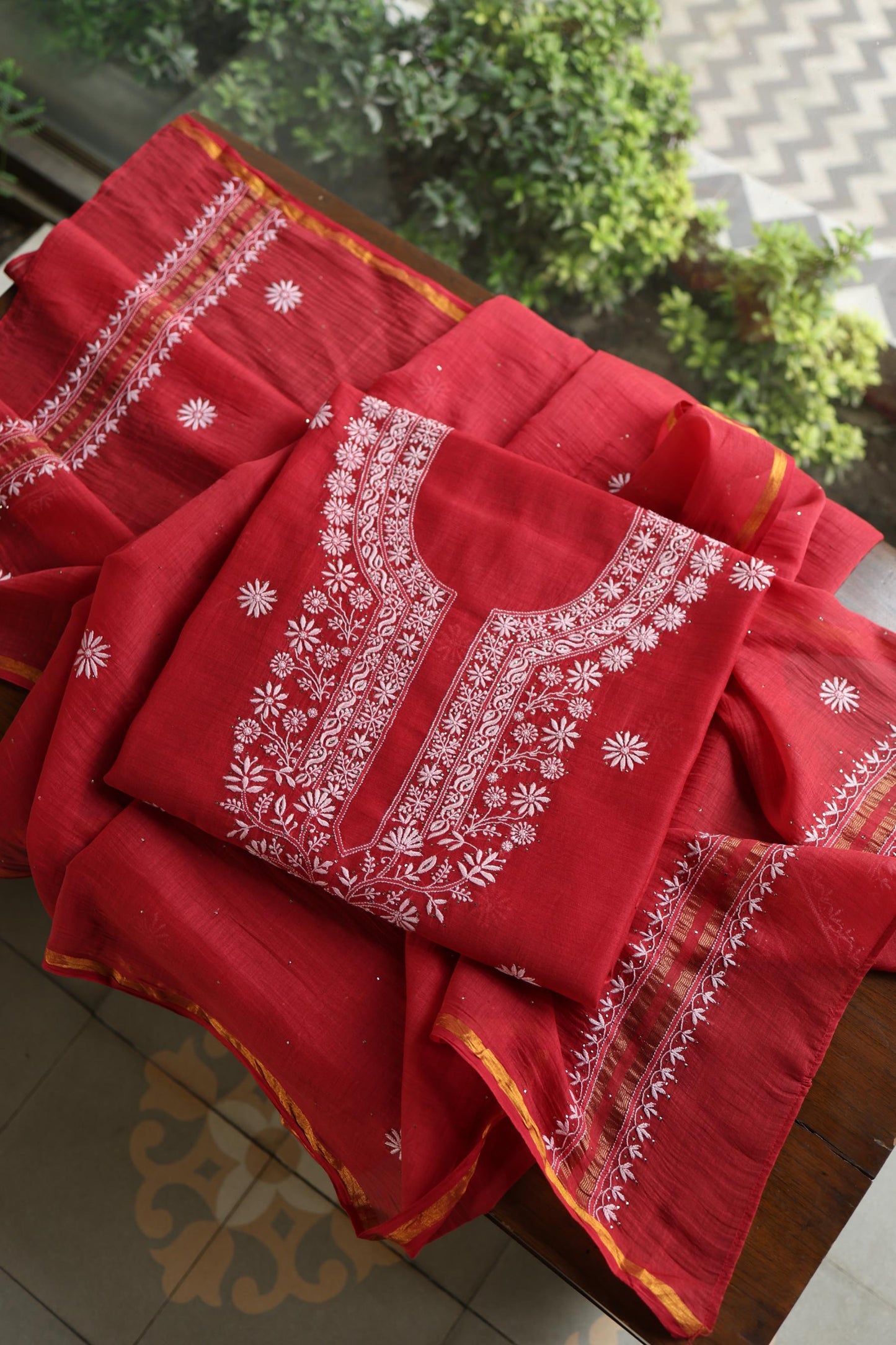 Persian Red Shade Mal Cotton Fine Chikankari Unstitched Fabric