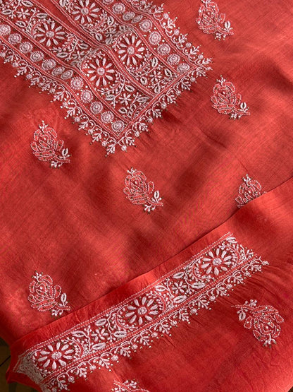 Persian Red Shade Mal Cotton Fine Chikankari Unstitched Fabric