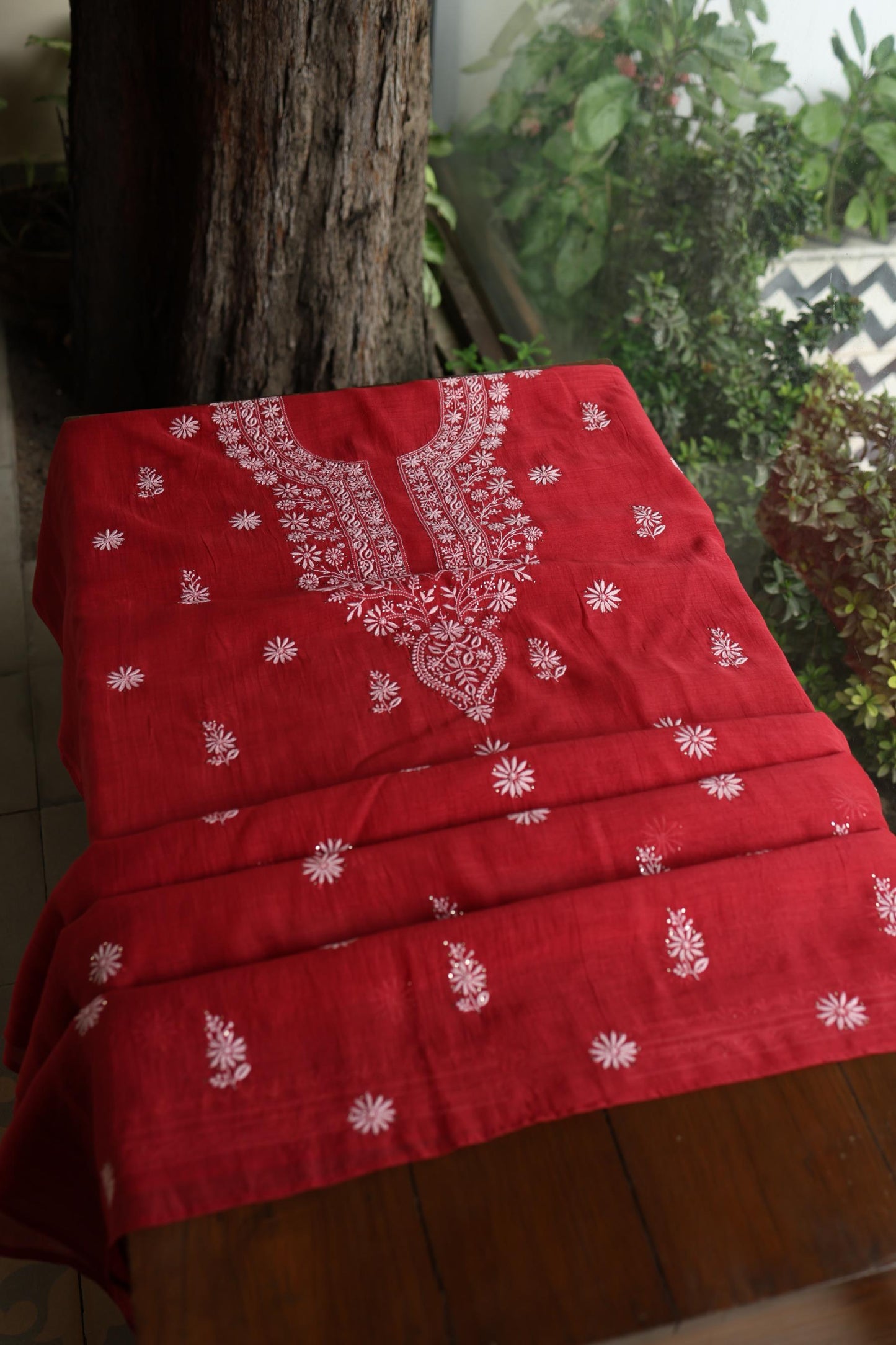 Persian Red Shade Mal Cotton Fine Chikankari Unstitched Fabric