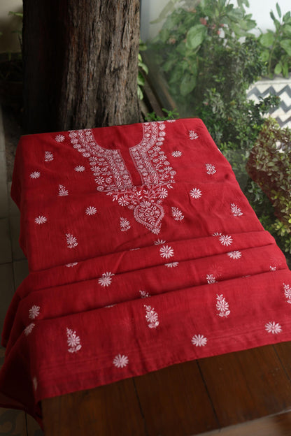 Persian Red Shade Mal Cotton Fine Chikankari Unstitched Fabric