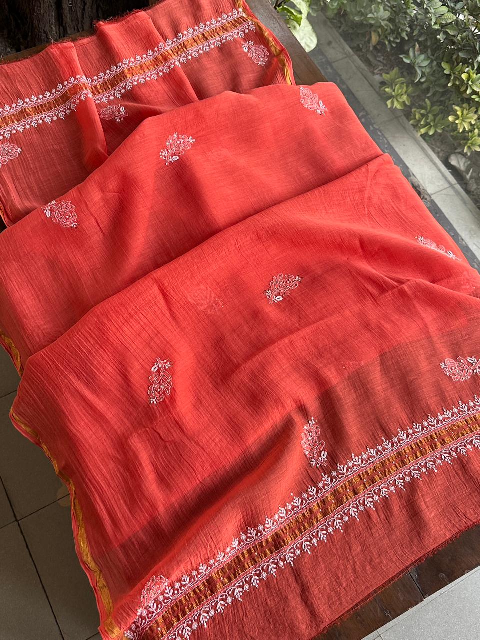 Persian Red Shade Mal Cotton Fine Chikankari Unstitched Fabric