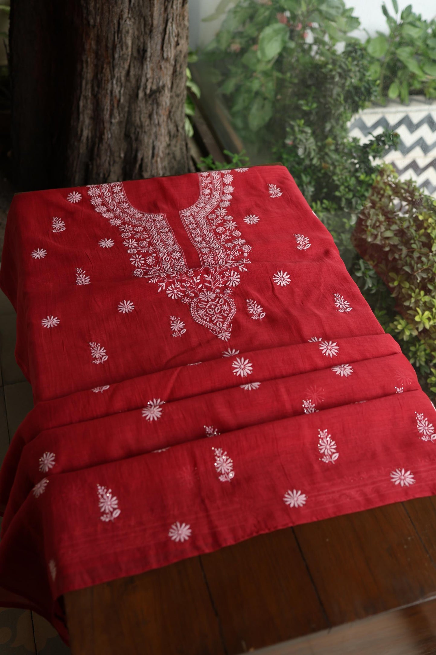 Persian Red Shade Mal Cotton Fine Chikankari Unstitched Fabric