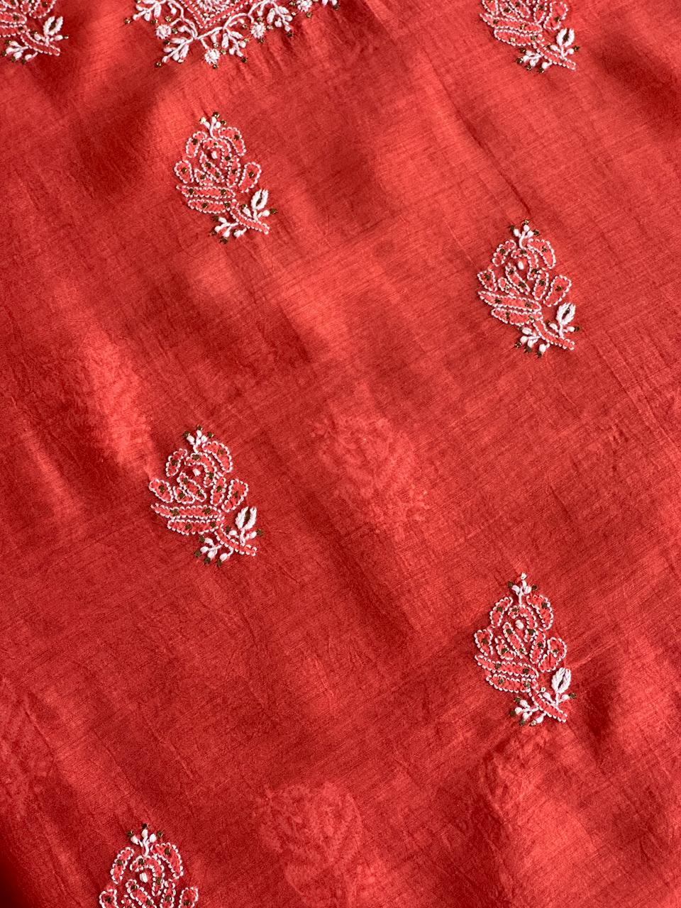 Persian Red Shade Mal Cotton Fine Chikankari Unstitched Fabric