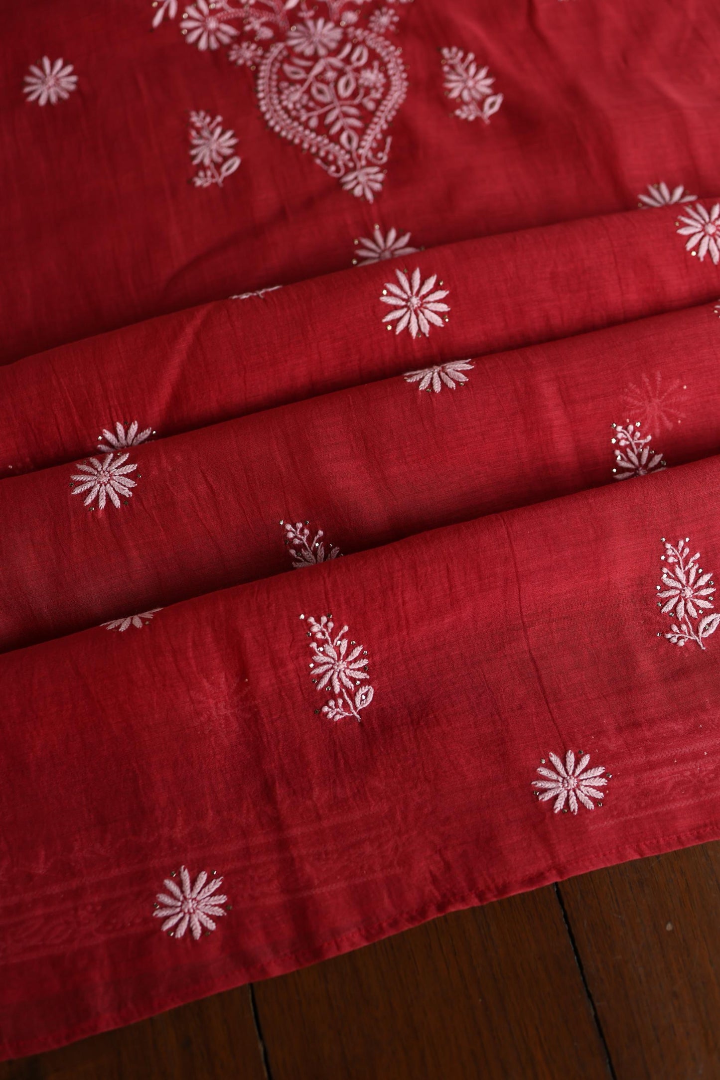 Persian Red Shade Mal Cotton Fine Chikankari Unstitched Fabric