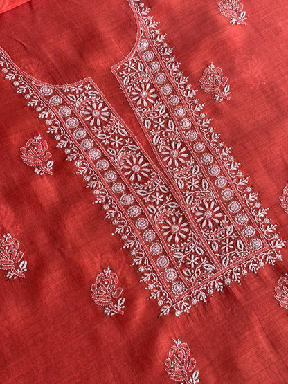 Persian Red Shade Mal Cotton Fine Chikankari Unstitched Fabric